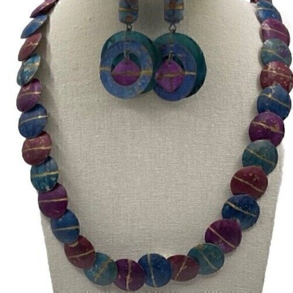 Vintage Cleopatra Purple Beaded Pendant Necklace & Circular Earrings Set